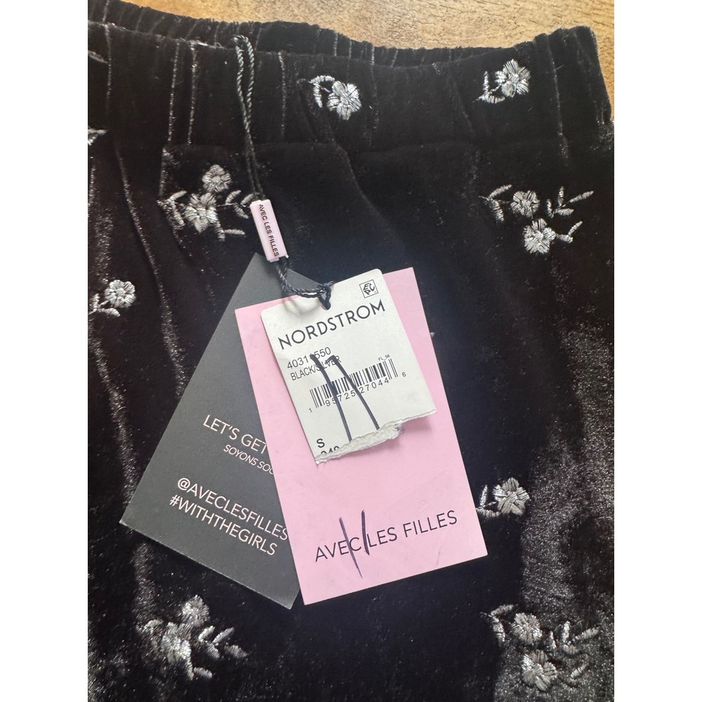 Avec Les Filles Black Velvet Floral Flare Bell Bottom Pants Size S - Picture 8 of 9